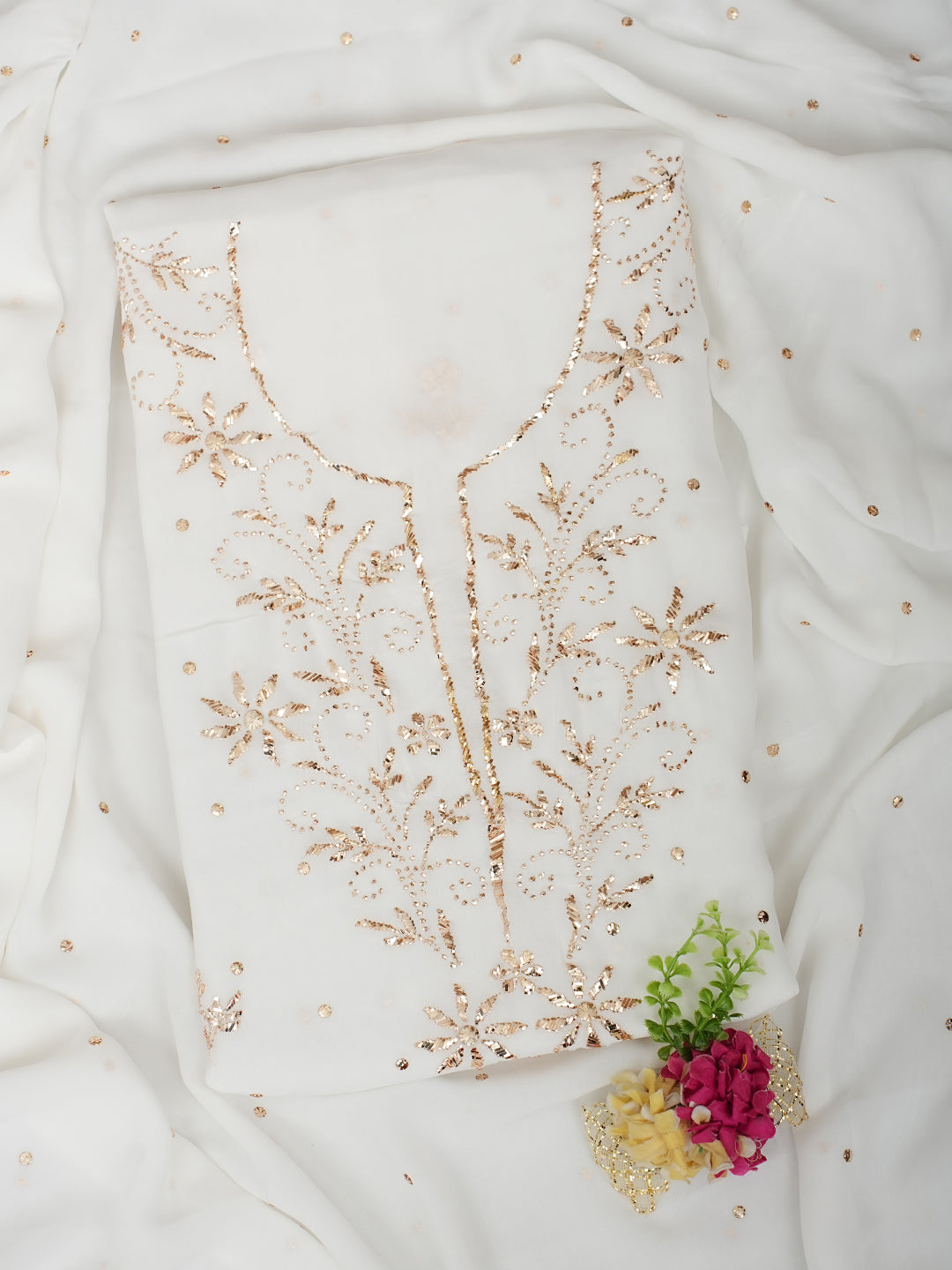Ada Hand Embroidered White Viscose Georgette Unstitched Kurta Dupatta With Muqaish/Mukaish Work 01A979997
