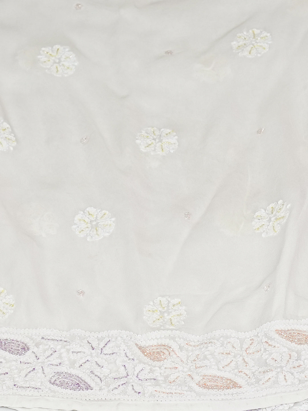 Ada Hand Embroidered White Viscose Gerogette Lucknowi Chikankari Semi-Stitched Anarkali Kurta Dupatta Set With Cutdana Work 01A985663