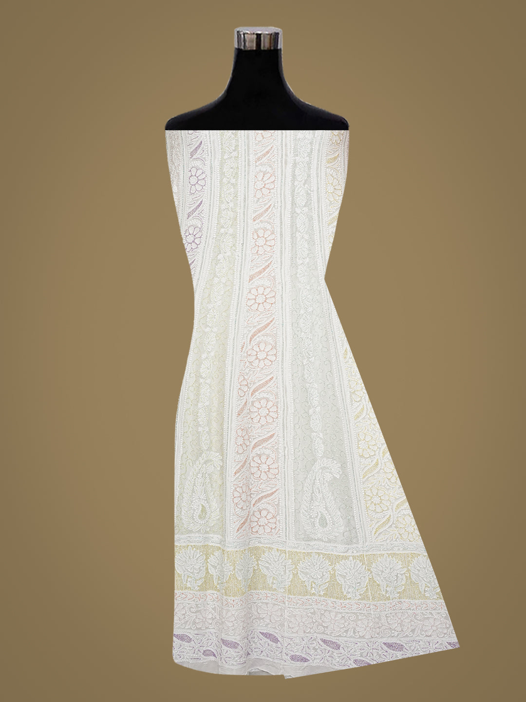 Ada Hand Embroidered White Viscose Gerogette Lucknowi Chikankari Semi-Stitched Anarkali Kurta Dupatta Set With Cutdana Work 01A985663