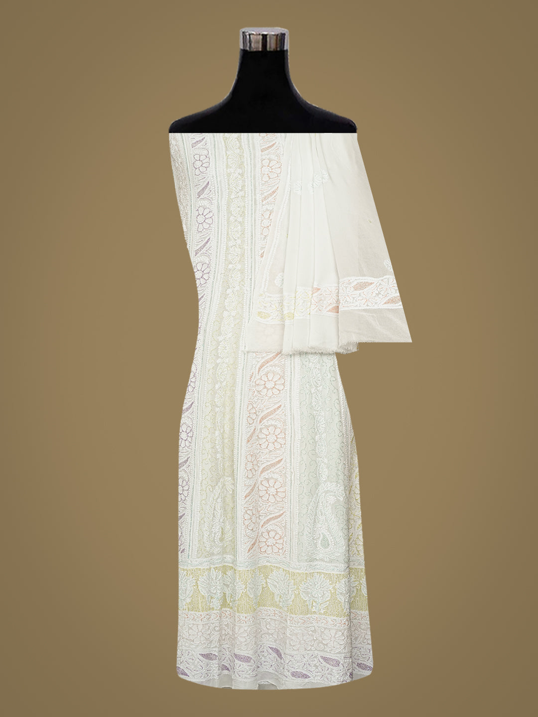 Ada Hand Embroidered White Viscose Gerogette Lucknowi Chikankari Semi-Stitched Anarkali Kurta Dupatta Set With Cutdana Work 01A985663