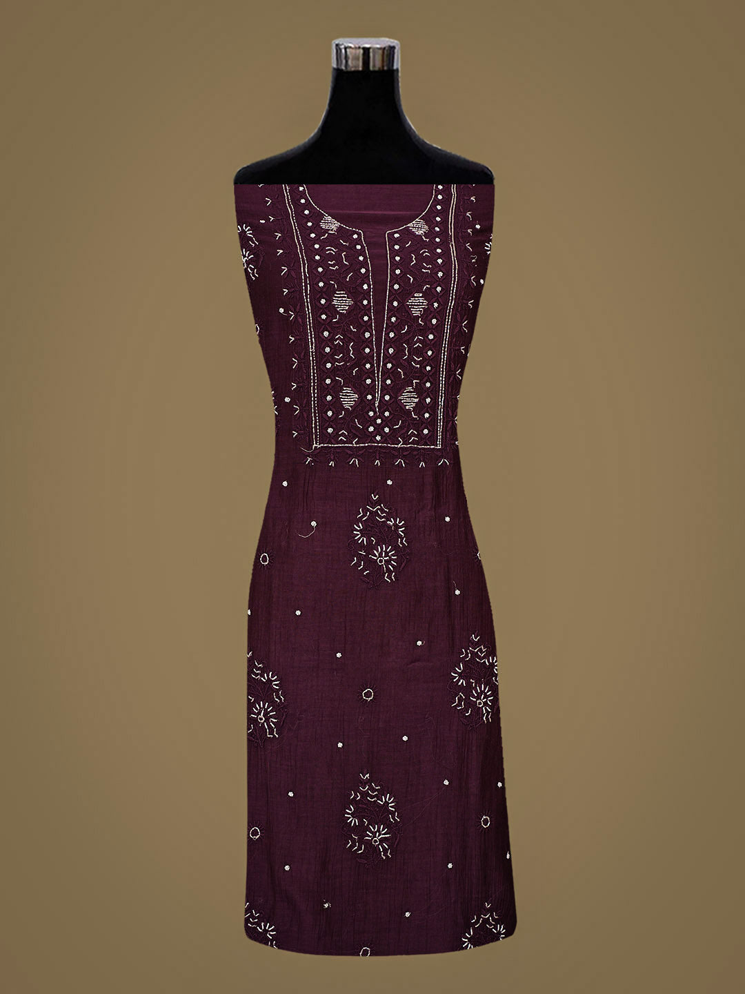 Ada Hand Embroidered Wine Chanderi Lucknowi Chikankari Unstitched Kurta Dupatta Set With Cutdana Work 01A814675