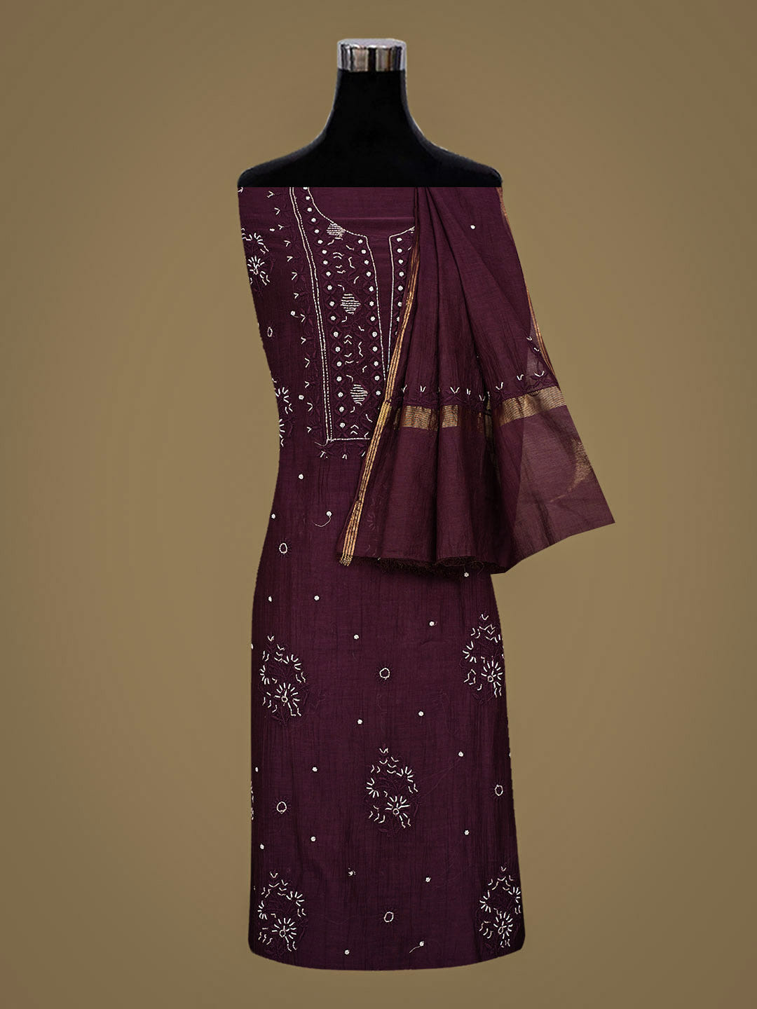 Ada Hand Embroidered Wine Chanderi Lucknowi Chikankari Unstitched Kurta Dupatta Set With Cutdana Work 01A814675