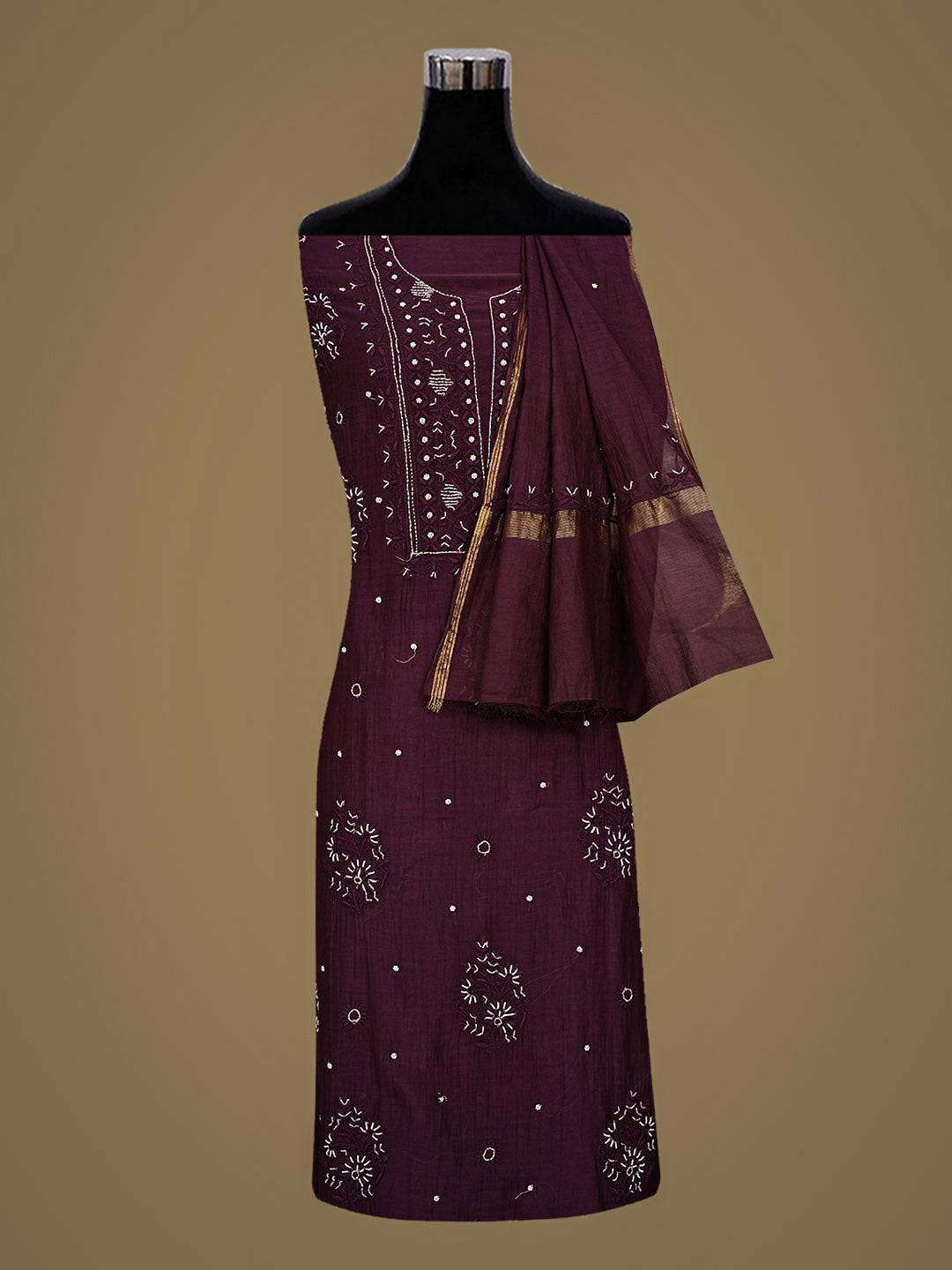 Ada Hand Embroidered Wine Chanderi Lucknowi Chikankari Unstitched Kurta Dupatta Set With Cutdana Work 01A814675
