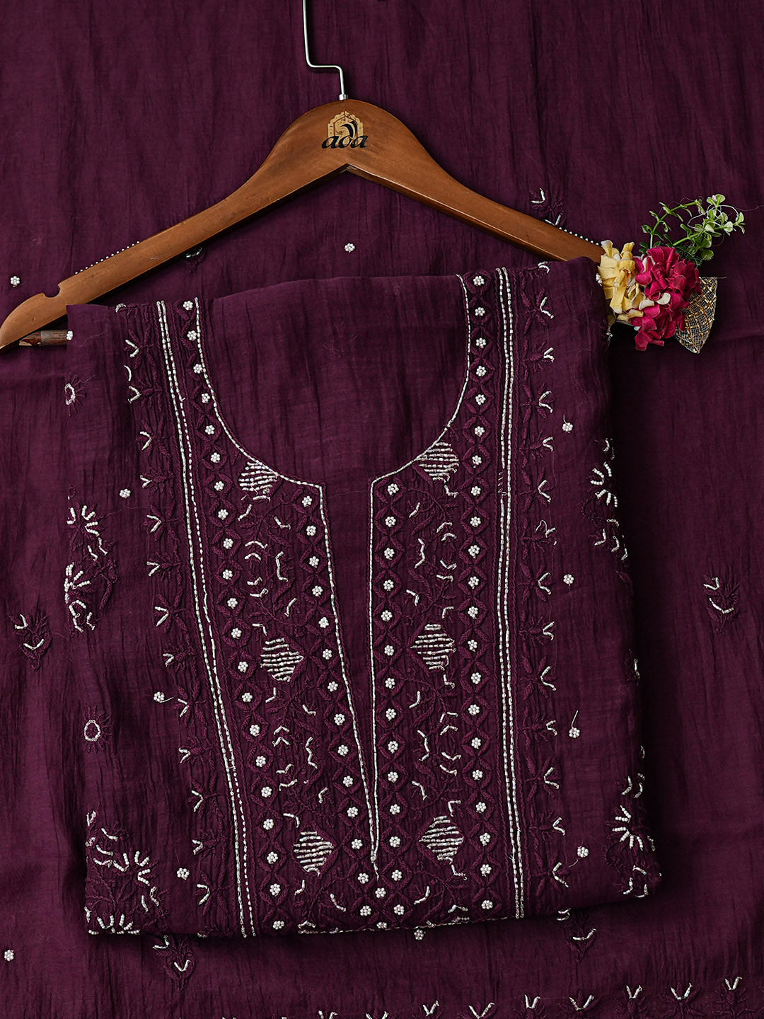 Ada Hand Embroidered Wine Chanderi Lucknowi Chikankari Unstitched Kurta Dupatta Set With Cutdana Work 01A814675