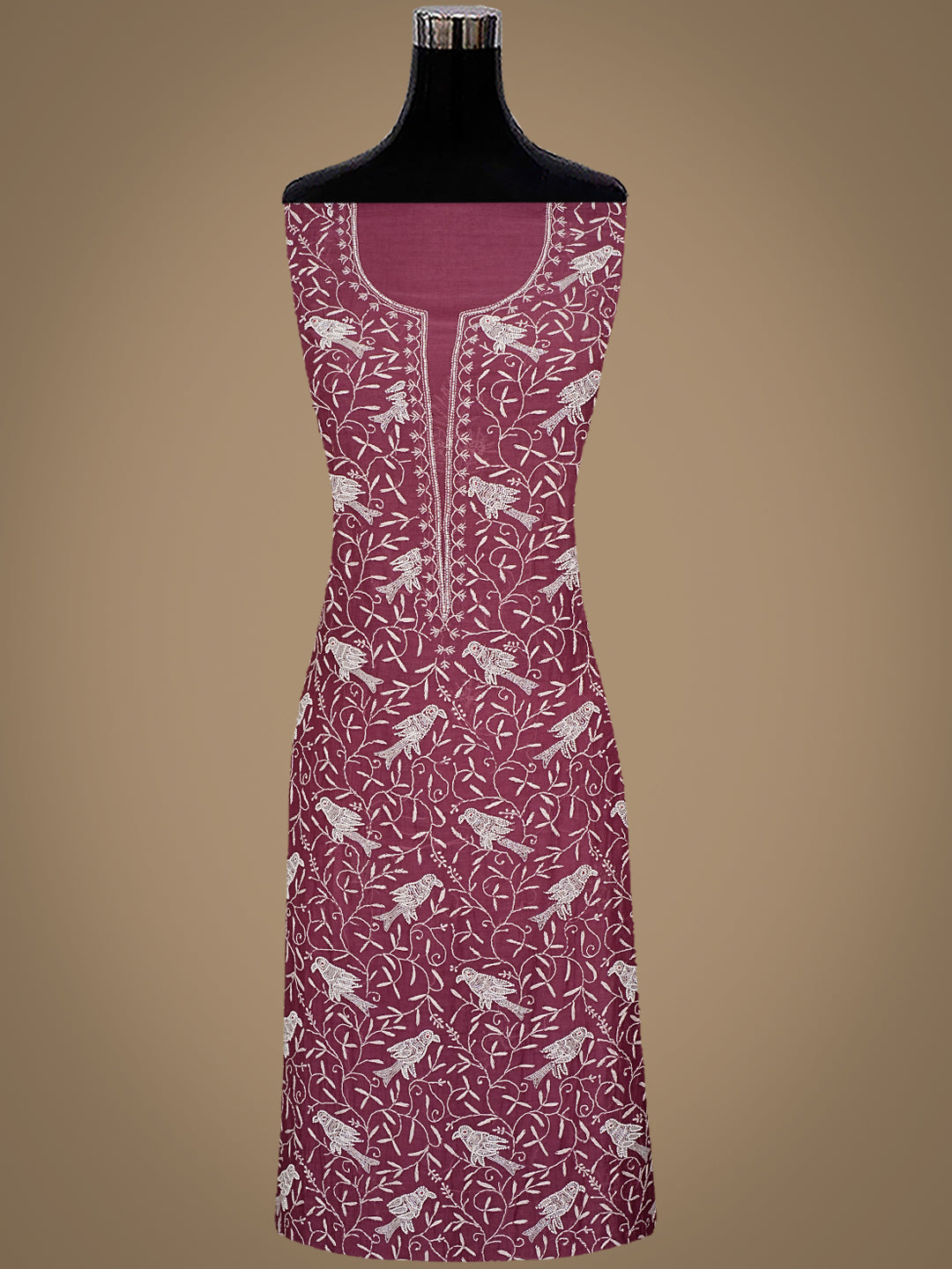 Ada Hand Embroidered Wine Chanderi Lucknowi Chikankari Unstitched Kurta Dupatta Set With Pearl Work 01A837847