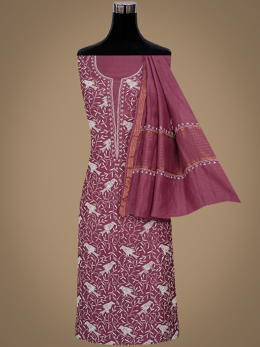Ada Hand Embroidered Wine Chanderi Lucknowi Chikankari Unstitched Kurta Dupatta Set With Pearl Work 01A837847