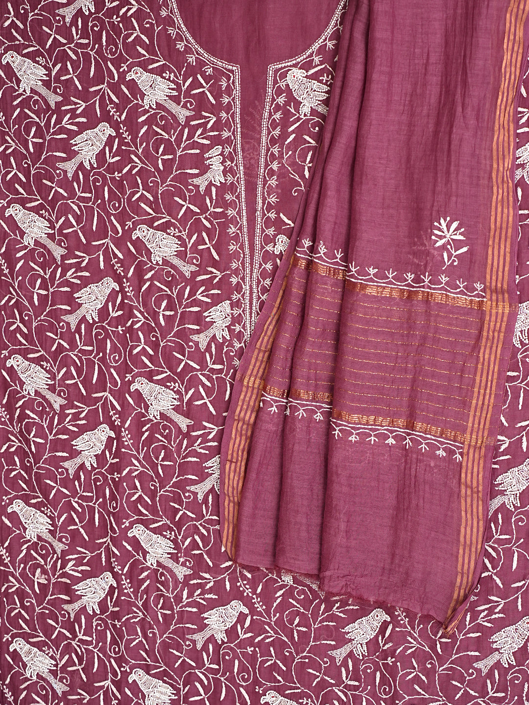 Ada Hand Embroidered Wine Chanderi Lucknowi Chikankari Unstitched Kurta Dupatta Set With Pearl Work 01A837847
