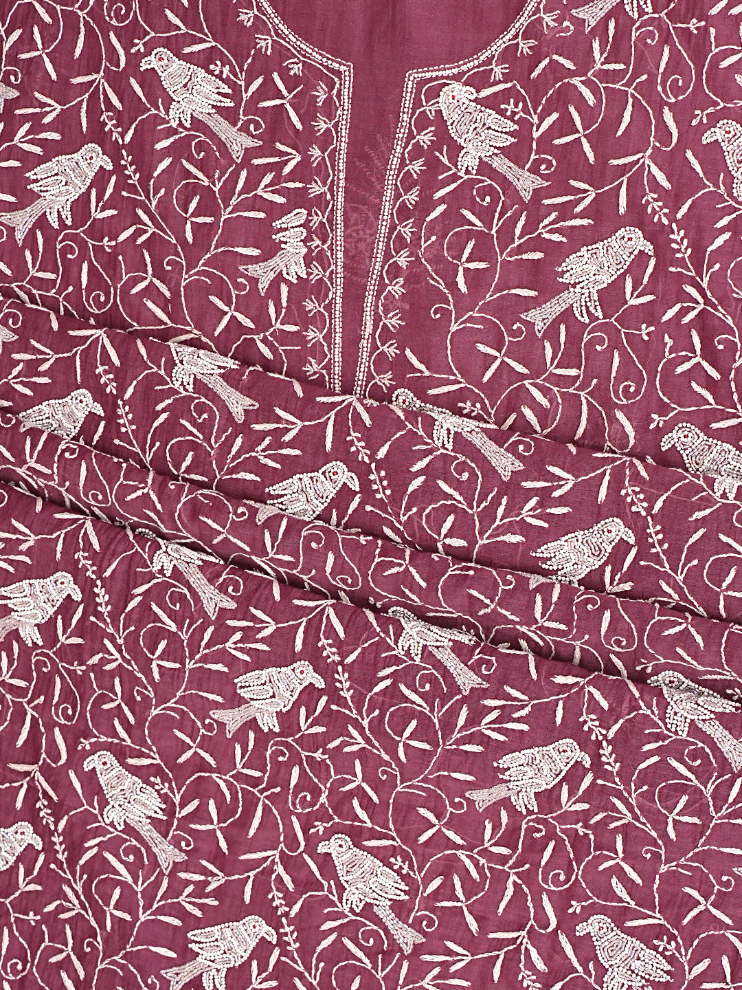 Ada Hand Embroidered Wine Chanderi Lucknowi Chikankari Unstitched Kurta Dupatta Set With Pearl Work 01A837847
