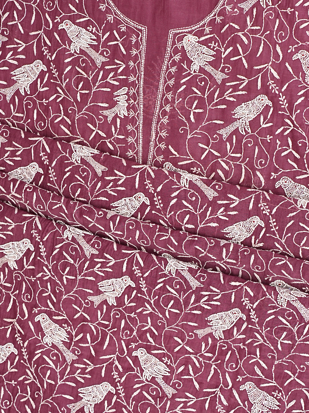 Ada Hand Embroidered Wine Chanderi Lucknowi Chikankari Unstitched Kurta Dupatta Set With Pearl Work 01A837847