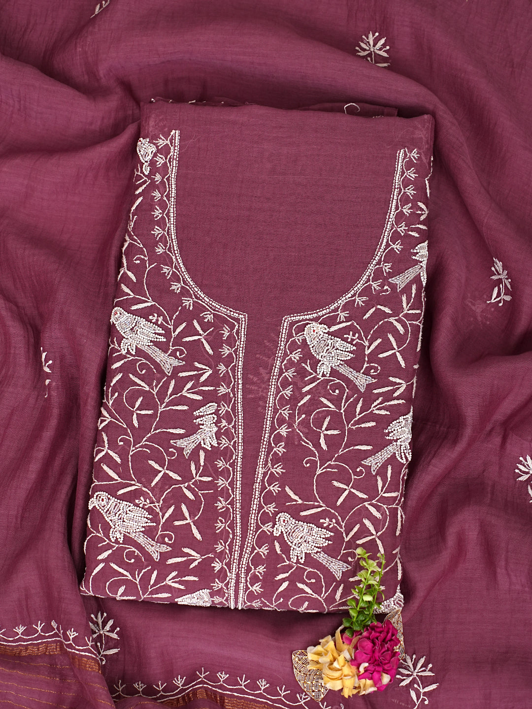 Ada Hand Embroidered Wine Chanderi Lucknowi Chikankari Unstitched Kurta Dupatta Set With Pearl Work 01A837847