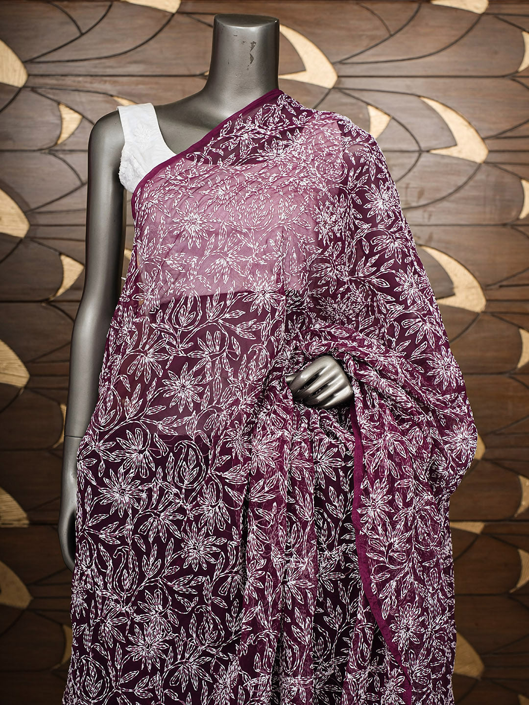 Ada Hand Embroidered Wine Faux Georgette Lucknowi Chikankari Dupatta 01A819174