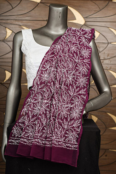Ada Hand Embroidered Wine Faux Georgette Lucknowi Chikankari Dupatta 01A819174