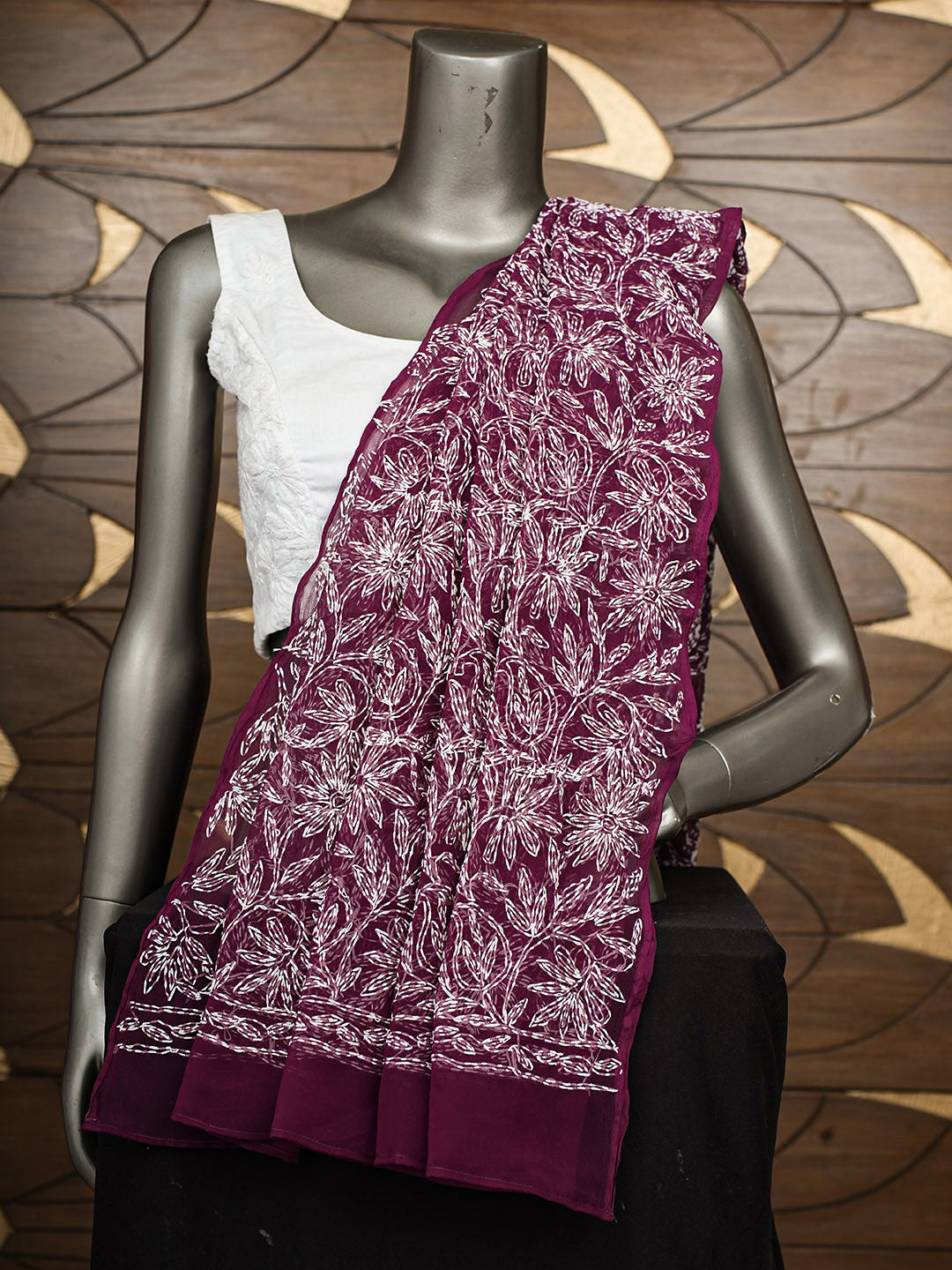 Ada Hand Embroidered Wine Faux Georgette Lucknowi Chikankari Dupatta 01A819174