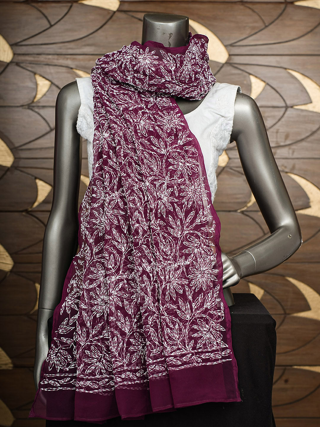 Ada Hand Embroidered Wine Faux Georgette Lucknowi Chikankari Dupatta 01A819174