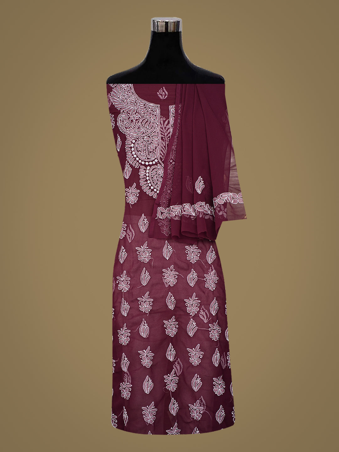 Ada Hand Embroidered Wine Faux Georgette Lucknowi Chikankari Unstitched Suit Piece 01A1002590