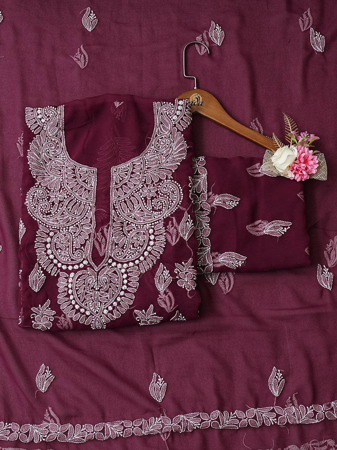 Ada Hand Embroidered Wine Faux Georgette Lucknowi Chikankari Unstitched Suit Piece 01A1002590