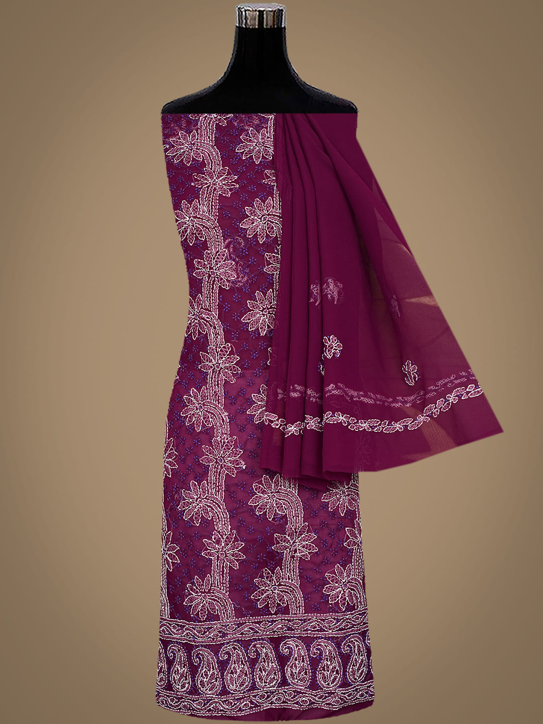 Ada Hand Embroidered Wine Georgette Lucknowi Chikankari Unstitched Suit Piece_4