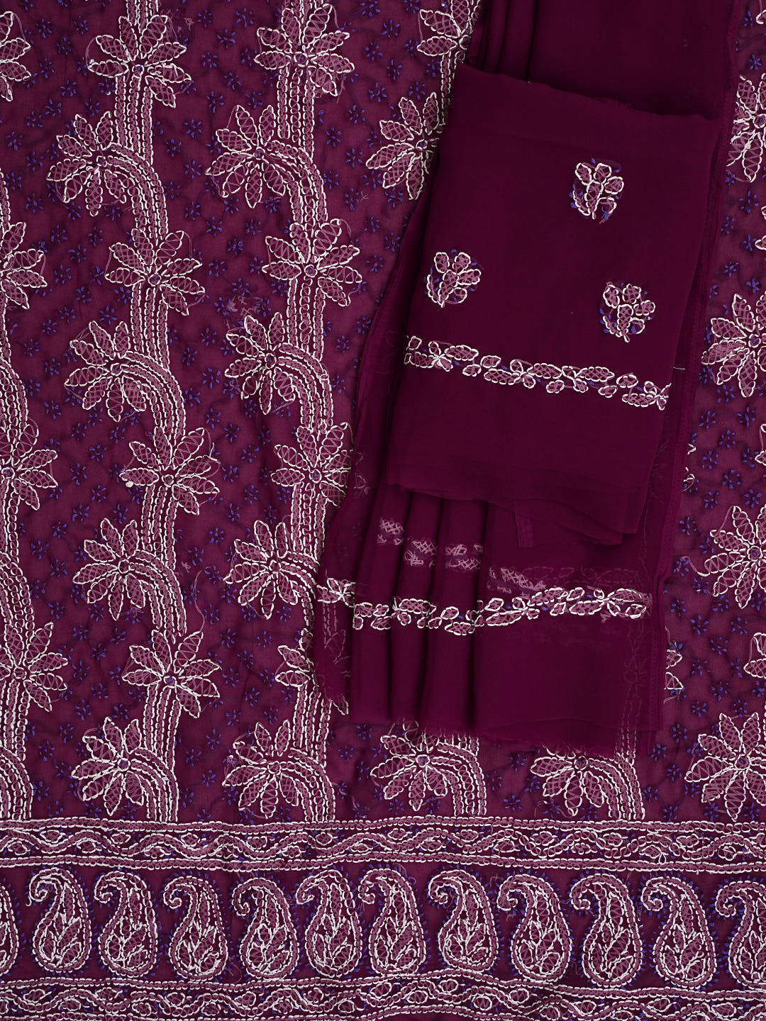 Ada Hand Embroidered Wine Georgette Lucknowi Chikankari Unstitched Suit Piece_5