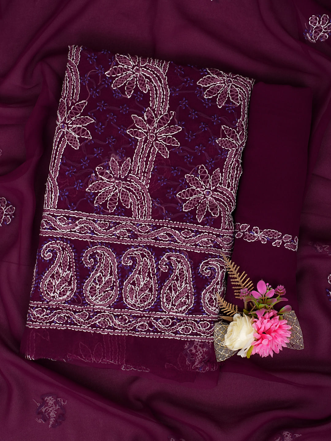 Ada Hand Embroidered Wine Georgette Lucknowi Chikankari Unstitched Suit Piece_1