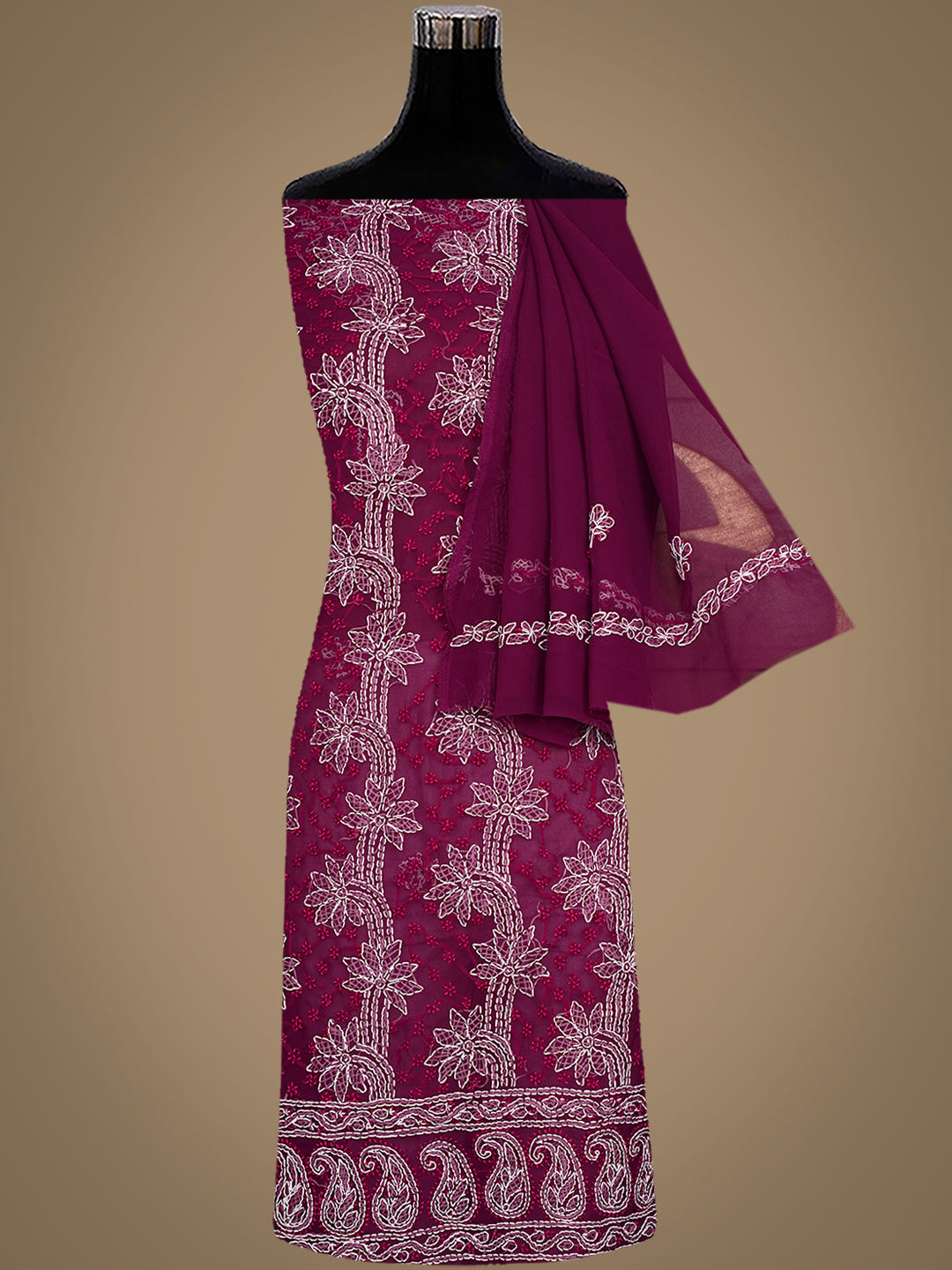 Ada Hand Embroidered Wine Georgette Lucknowi Chikankari Unstitched Suit Piece_4