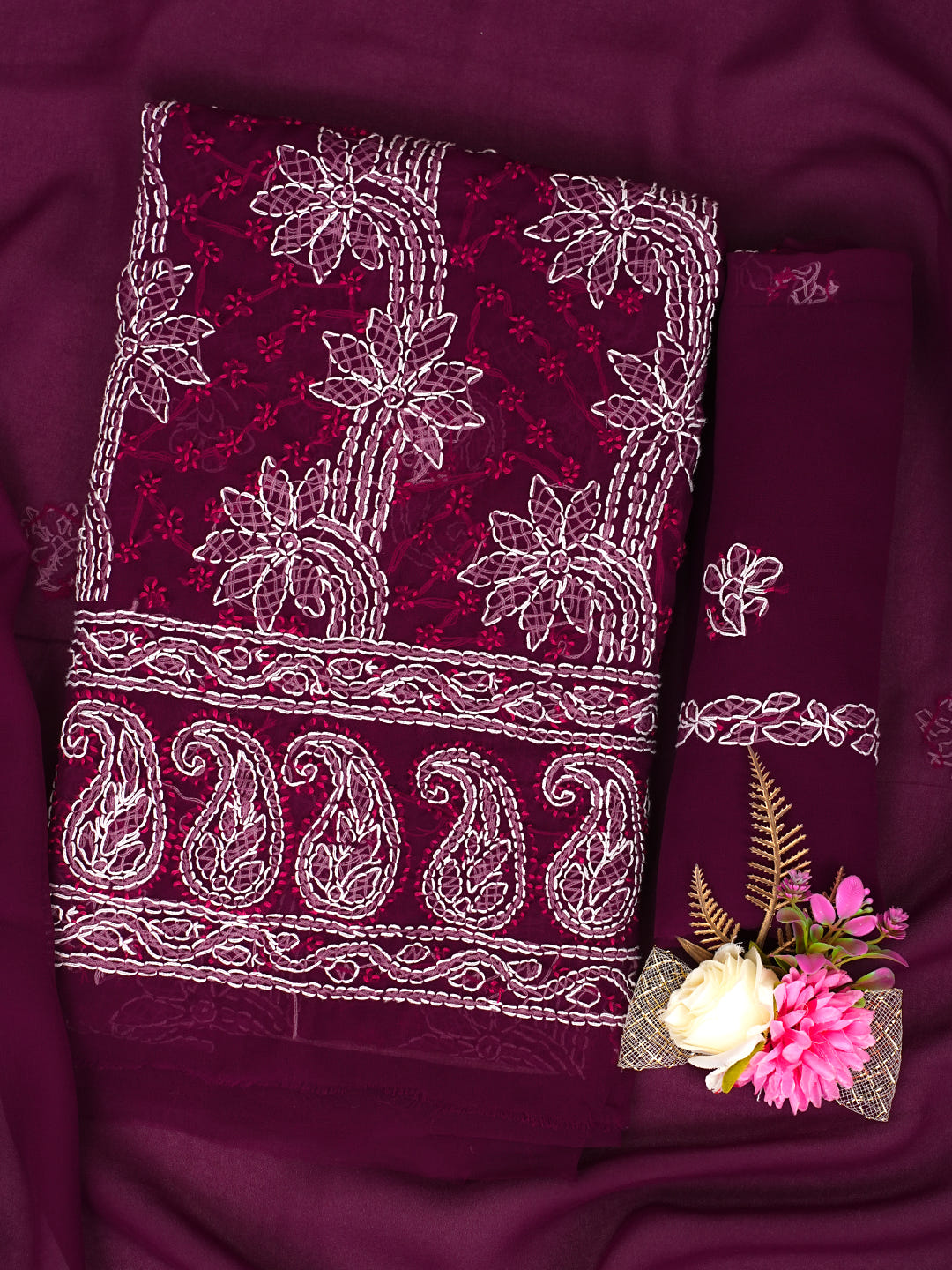 Ada Hand Embroidered Wine Georgette Lucknowi Chikankari Unstitched Suit Piece_1