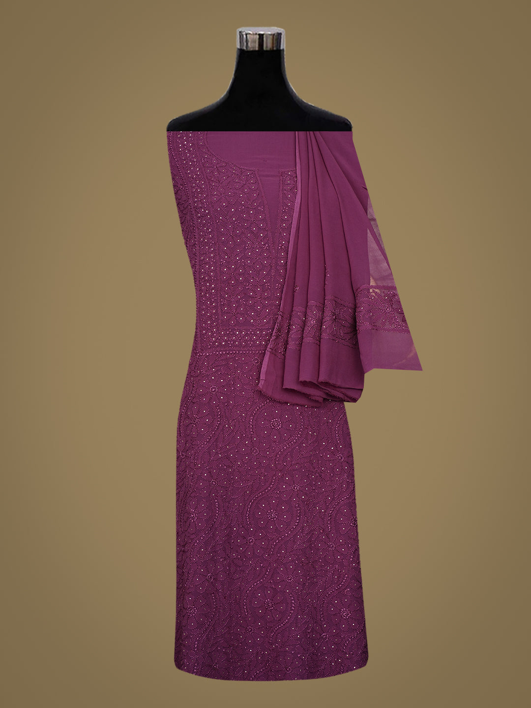 Ada Hand Embroidered Wine Viscose Georgette Lucknowi Chikankari Unstitched Kurta Dupatta Set With Mukaish/Muqaish Work 01A984175