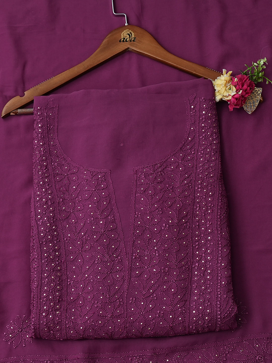 Ada Hand Embroidered Wine Viscose Georgette Lucknowi Chikankari Unstitched Kurta Dupatta Set With Mukaish/Muqaish Work 01A984175