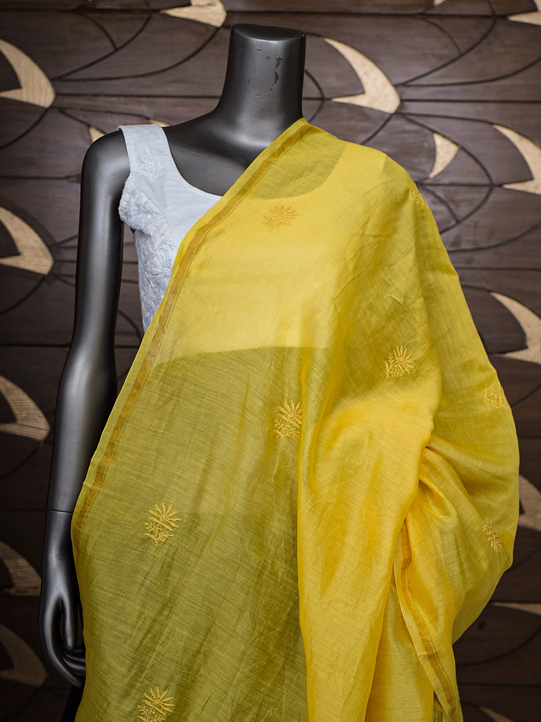 Ada Hand Embroidered Yellow Chanderi Lucknowi Chikankari Dupatta 01A700583