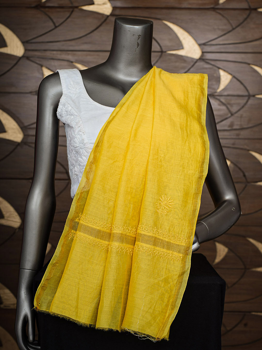Ada Hand Embroidered Yellow Chanderi Lucknowi Chikankari Dupatta 01A700583