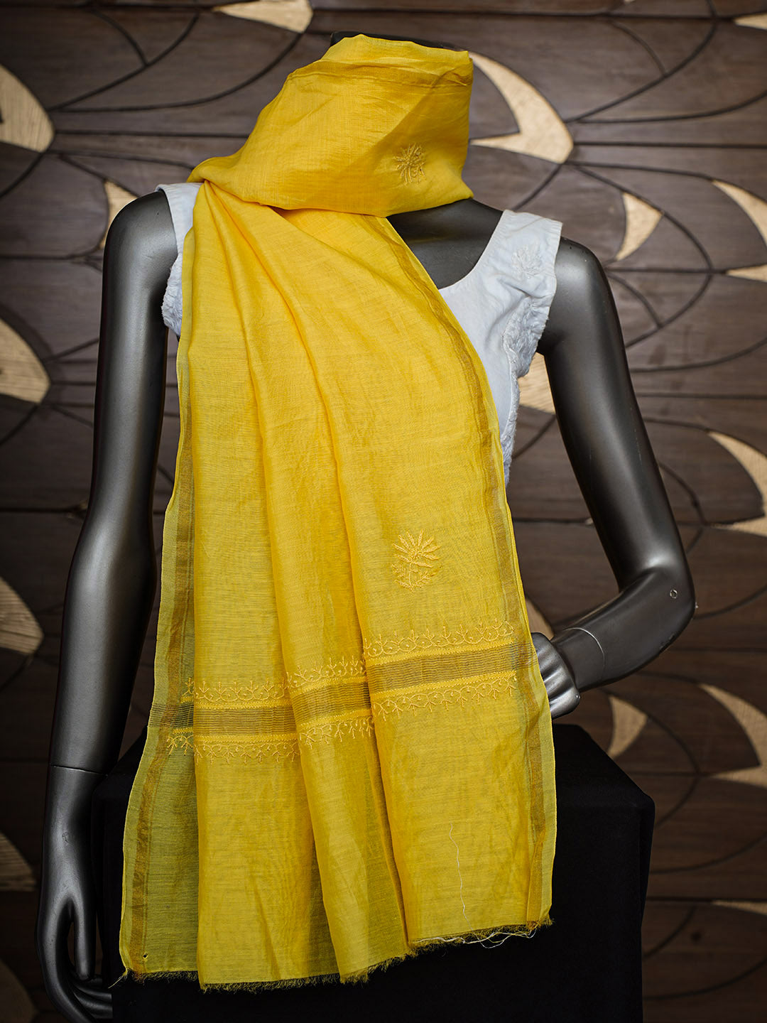 Ada Hand Embroidered Yellow Chanderi Lucknowi Chikankari Dupatta 01A700583