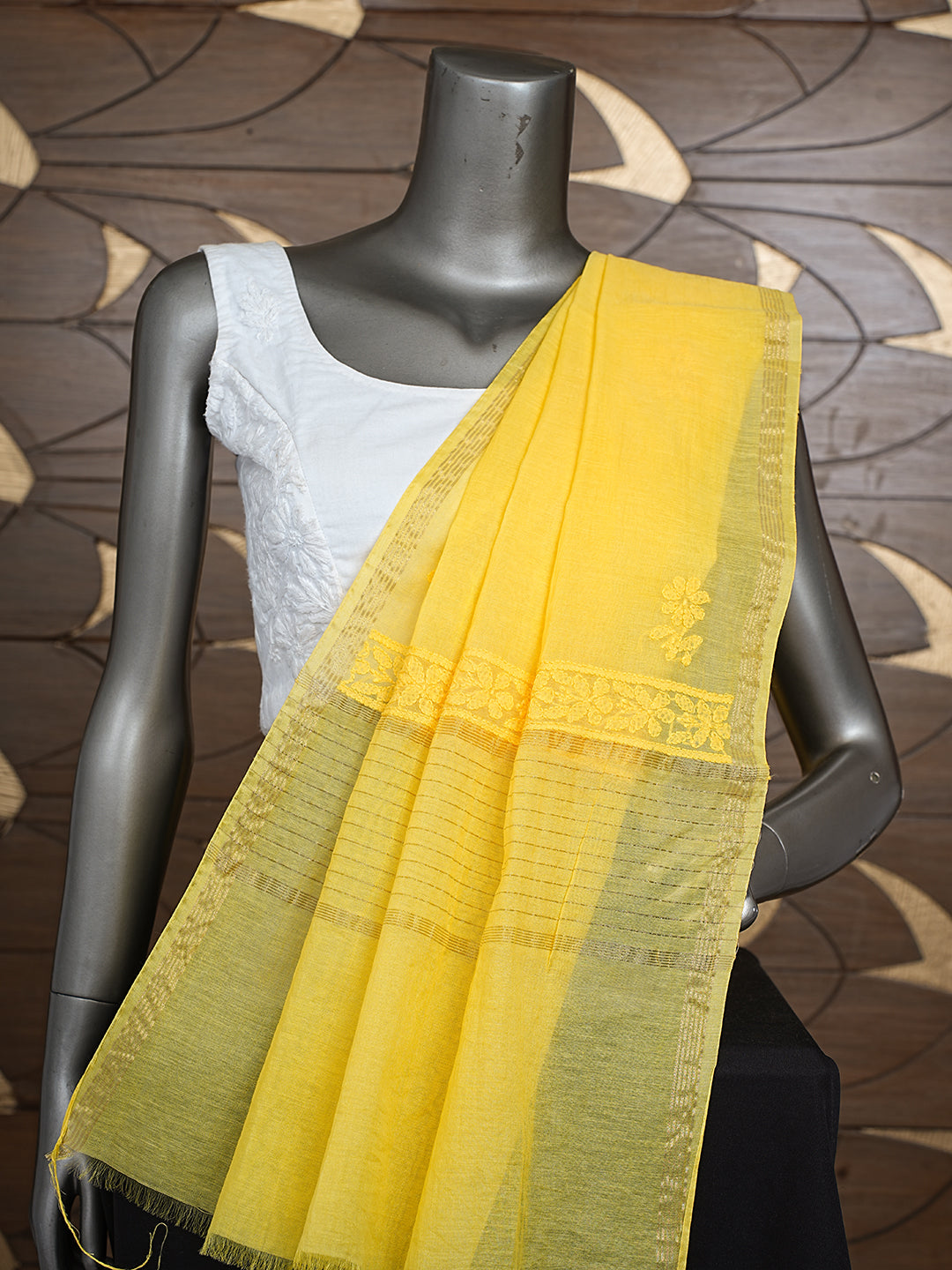 Ada Hand Embroidered Yellow Chanderi Lucknowi Chikankari Dupatta 01A902802