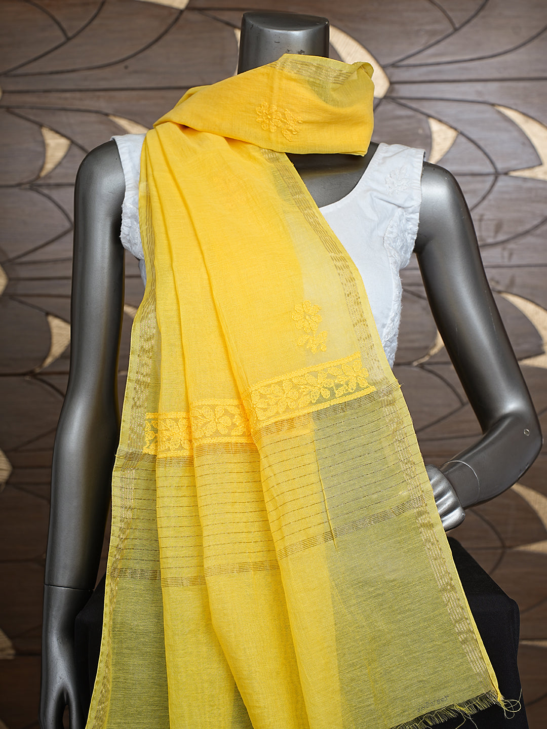 Ada Hand Embroidered Yellow Chanderi Lucknowi Chikankari Dupatta 01A902802