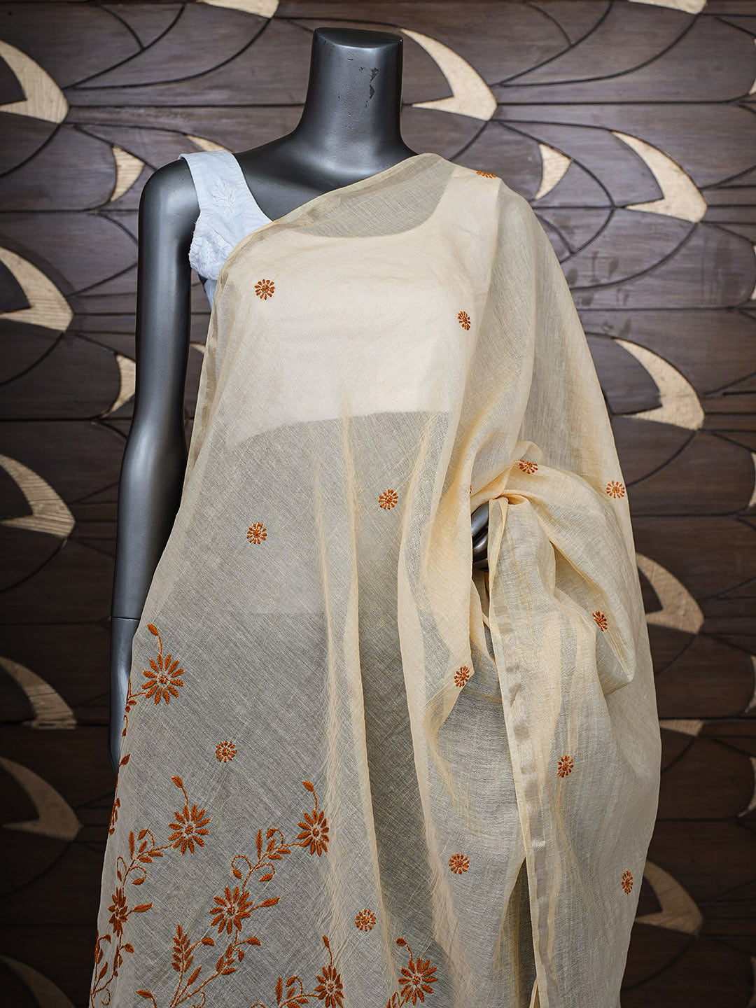 Ada Hand Embroidered Peach Chanderi Lucknowi Chikankari Dupatta 07A501201