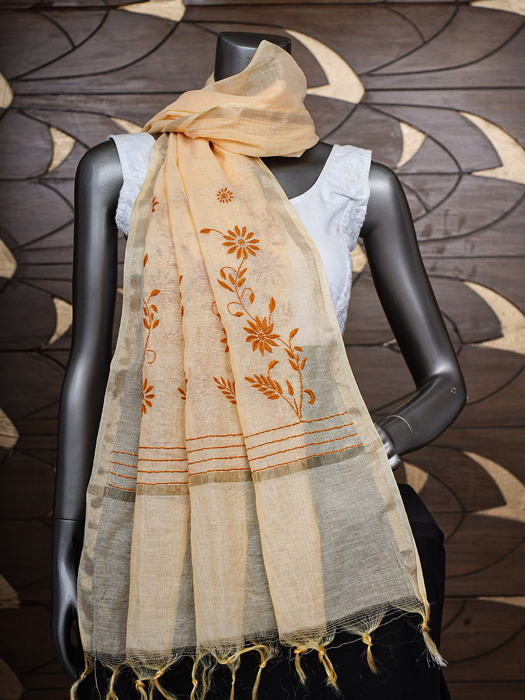 Ada Hand Embroidered Peach Chanderi Lucknowi Chikankari Dupatta 07A501201