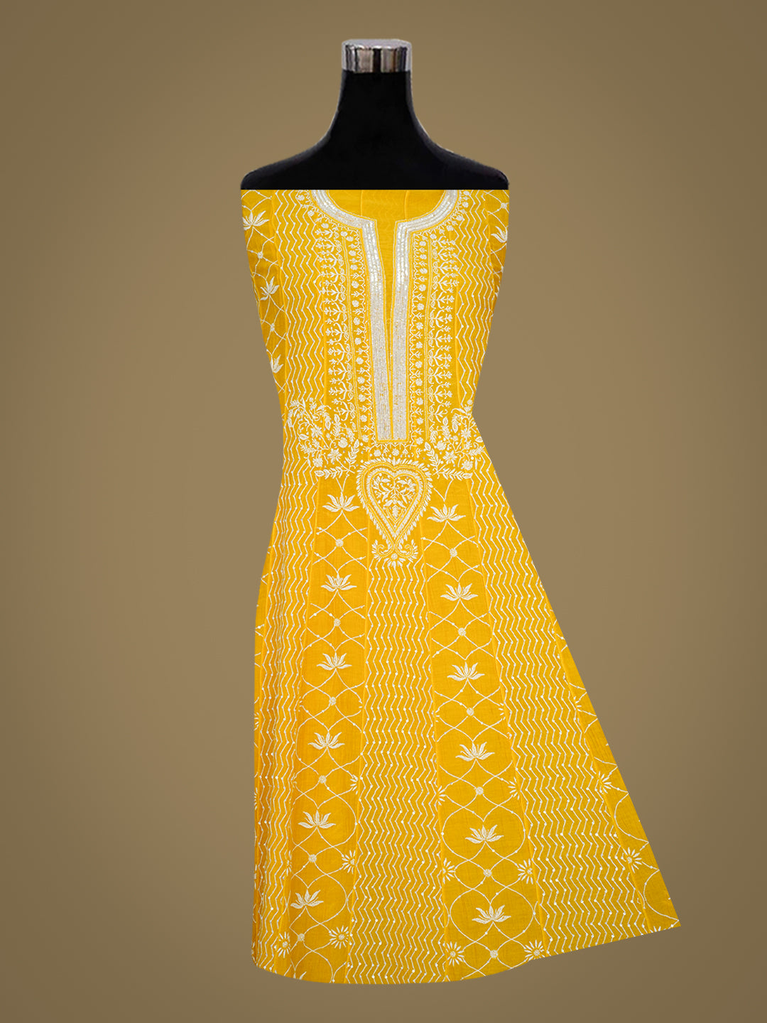 Ada Hand Embroidered Yellow Chanderi Lucknowi Chikankari Semi-Stitched Anarkali Dupatta Set With Cutdana Work 01A920358