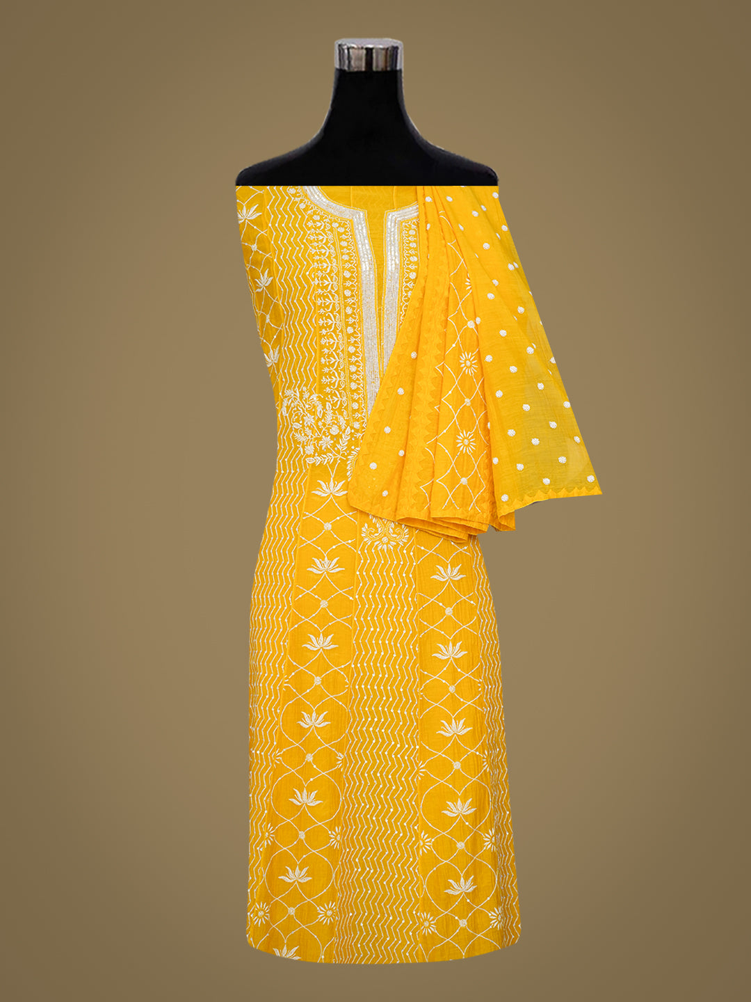 Ada Hand Embroidered Yellow Chanderi Lucknowi Chikankari Semi-Stitched Anarkali Dupatta Set With Cutdana Work 01A920358