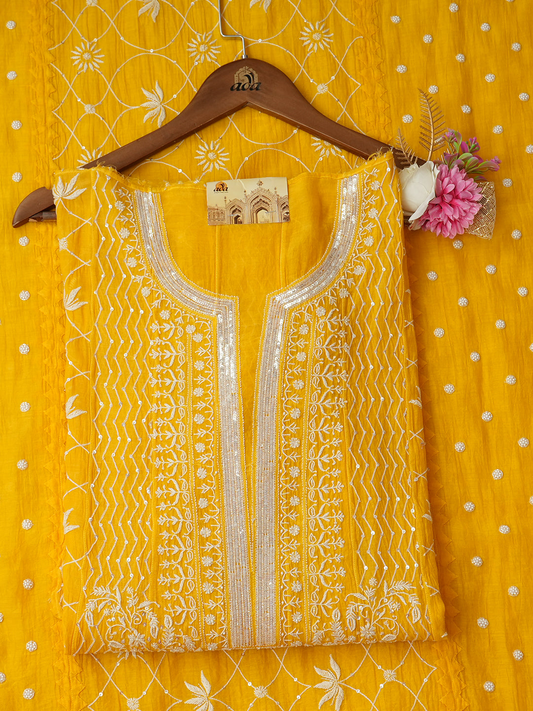Ada Hand Embroidered Yellow Chanderi Lucknowi Chikankari Semi-Stitched Anarkali Dupatta Set With Cutdana Work 01A920358