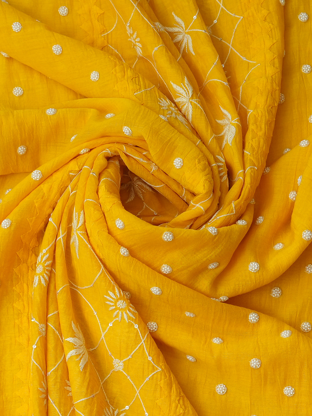 Ada Hand Embroidered Yellow Chanderi Lucknowi Chikankari Semi-Stitched Anarkali Dupatta Set With Cutdana Work 01A920358