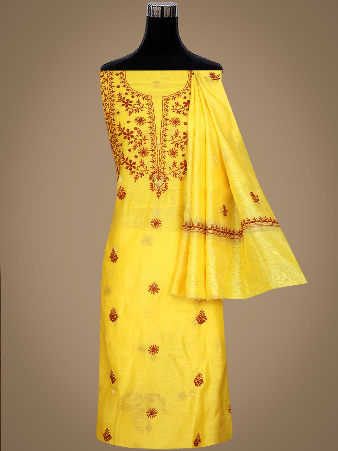 Ada Hand Embroidered Yellow Chanderi Lucknowi Chikankari Unstitched Kurta Dupatta Set 07A500709