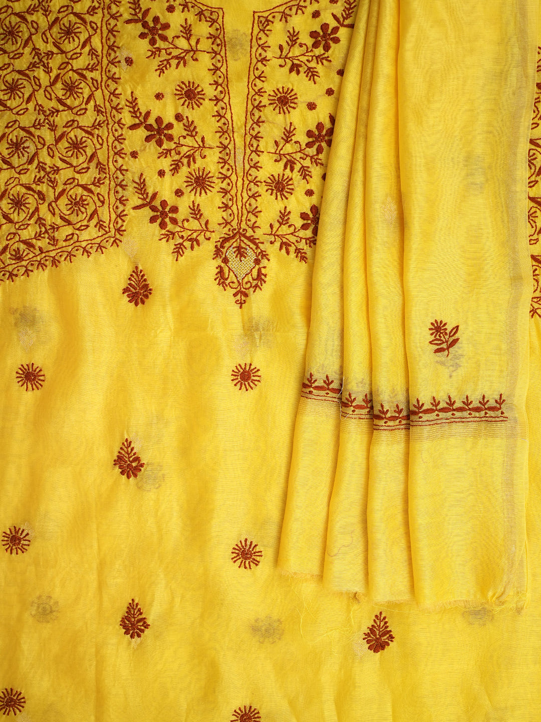 Ada Hand Embroidered Yellow Chanderi Lucknowi Chikankari Unstitched Kurta Dupatta Set 07A500709