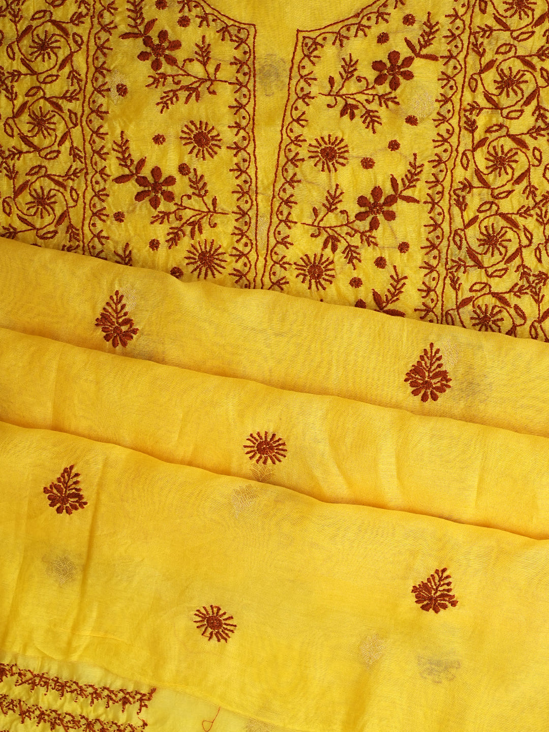 Ada Hand Embroidered Yellow Chanderi Lucknowi Chikankari Unstitched Kurta Dupatta Set 07A500709