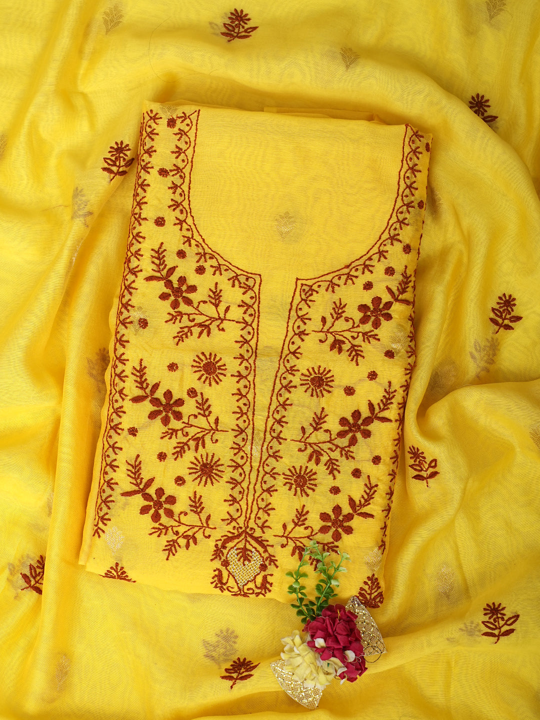 Ada Hand Embroidered Yellow Chanderi Lucknowi Chikankari Unstitched Kurta Dupatta 07A500709