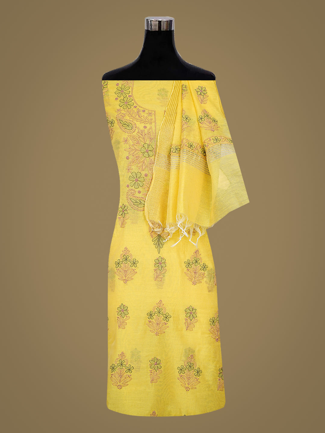 Ada Hand Embroidered Yellow Chanderi Lucknowi Chikankari Unstitched Kurta Dupatta Set 01A1014811_2