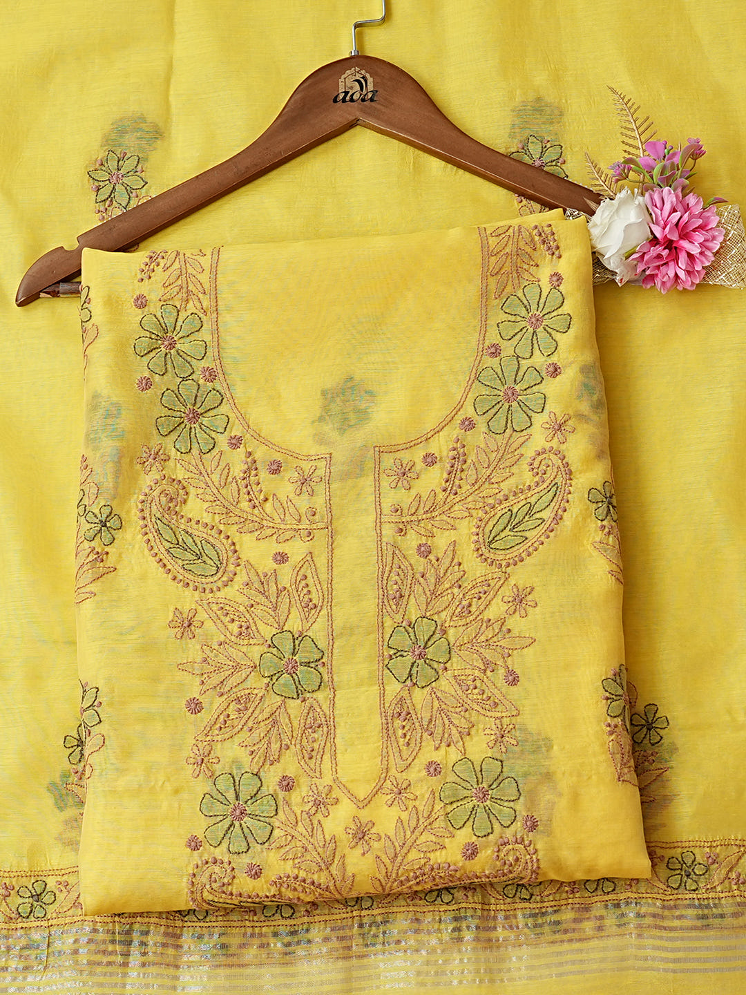 Ada Hand Embroidered Yellow Chanderi Lucknowi Chikankari Unstitched Kurta Dupatta Set 01A1014811_1