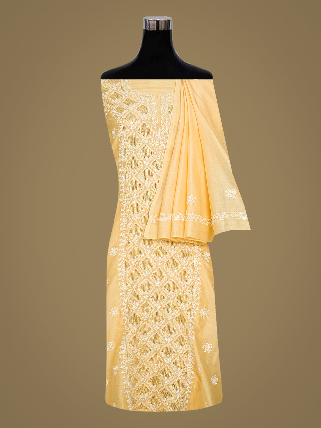 Ada Hand Embroidered Yellow Chanderi Lucknowi Chikankari Unstitched Kurta Dupatta Set 01A981997