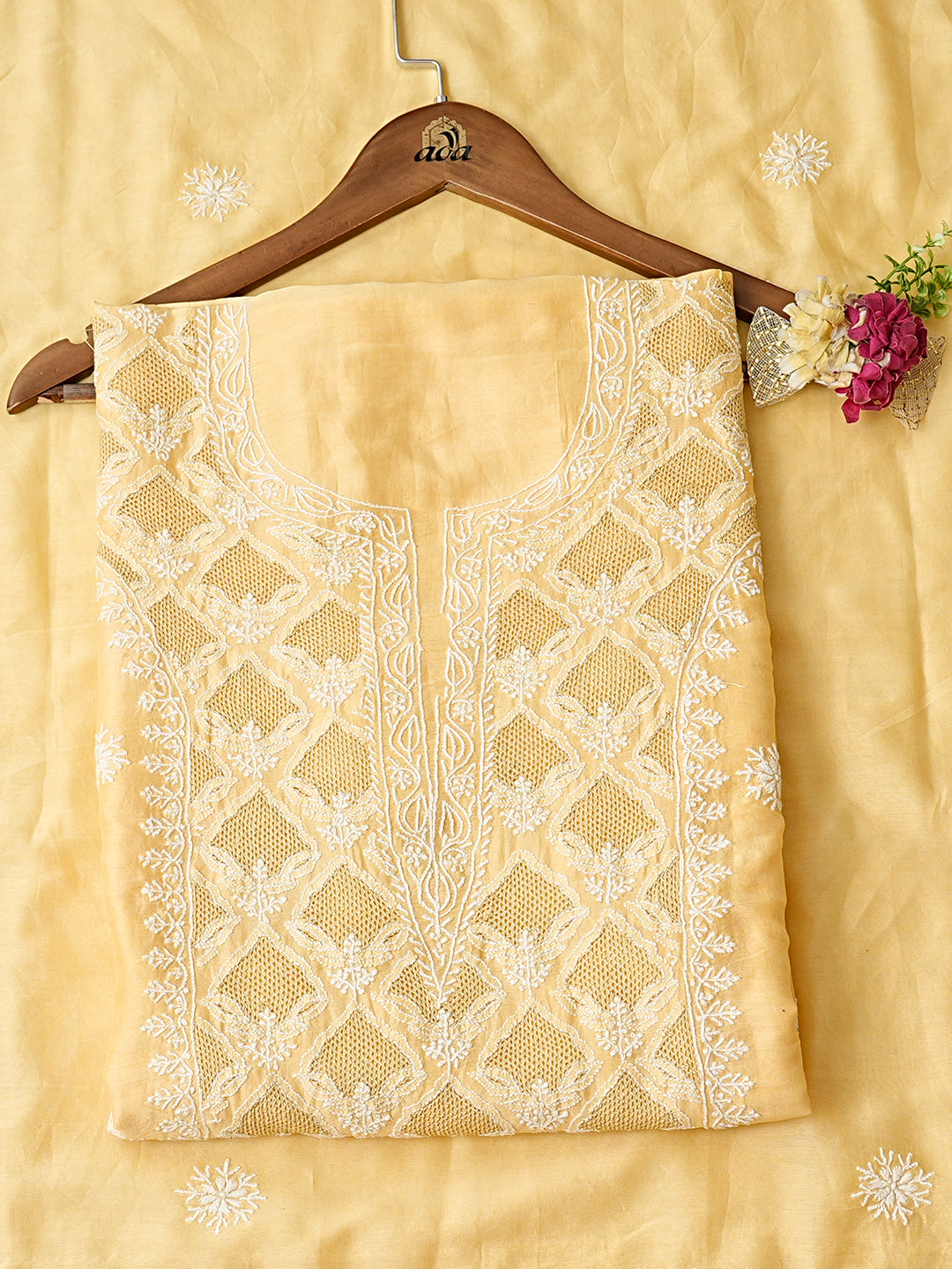 Ada Hand Embroidered Yellow Chanderi Lucknowi Chikankari Unstitched Kurta Dupatta Set 01A981997