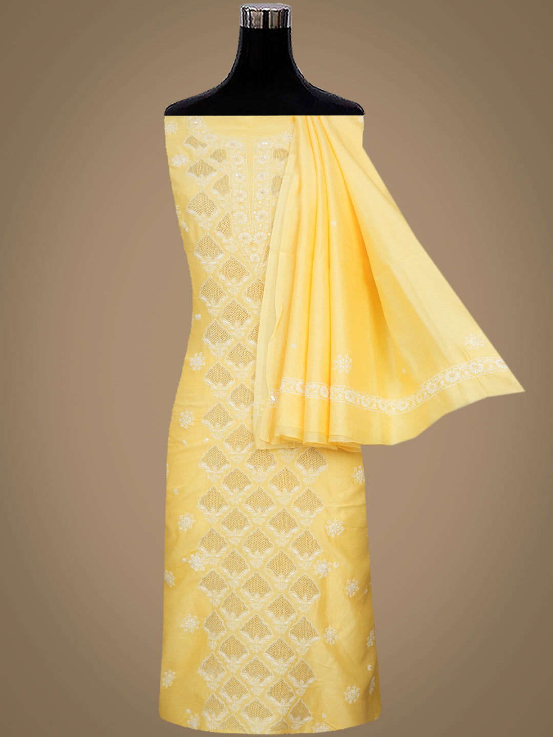 Ada Hand Embroidered Light Yellow Chanderi Lucknowi Chikankari Unstitched Kurta Dupatta Set With Cutdana Work 01A948878