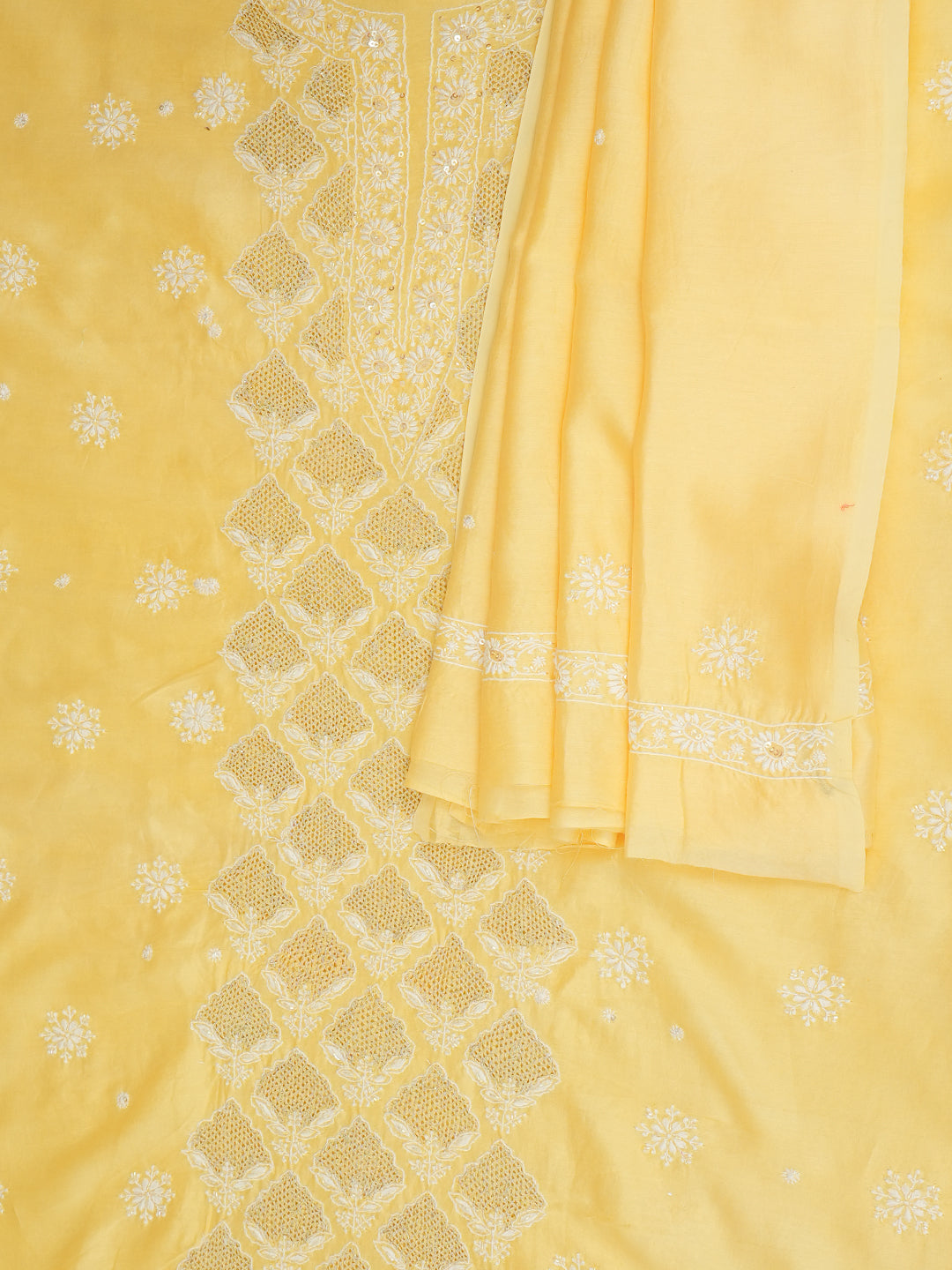 Ada Hand Embroidered Light Yellow Chanderi Lucknowi Chikankari Unstitched Kurta Dupatta Set With Cutdana Work 01A948878