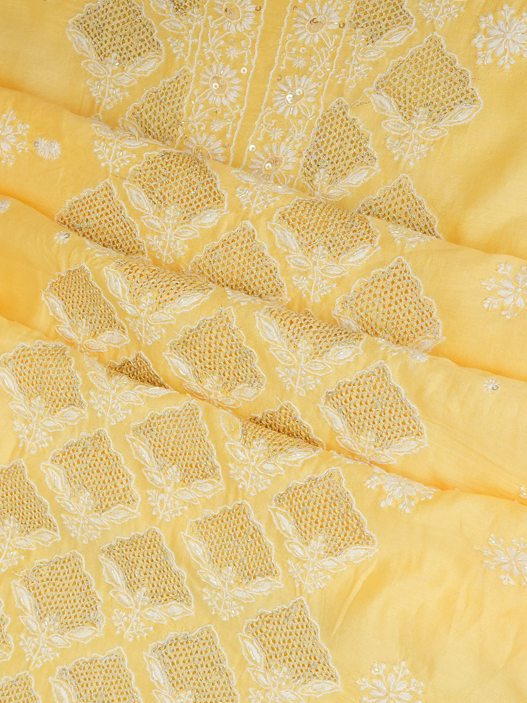 Ada Hand Embroidered Light Yellow Chanderi Lucknowi Chikankari Unstitched Kurta Dupatta Set With Cutdana Work 01A948878