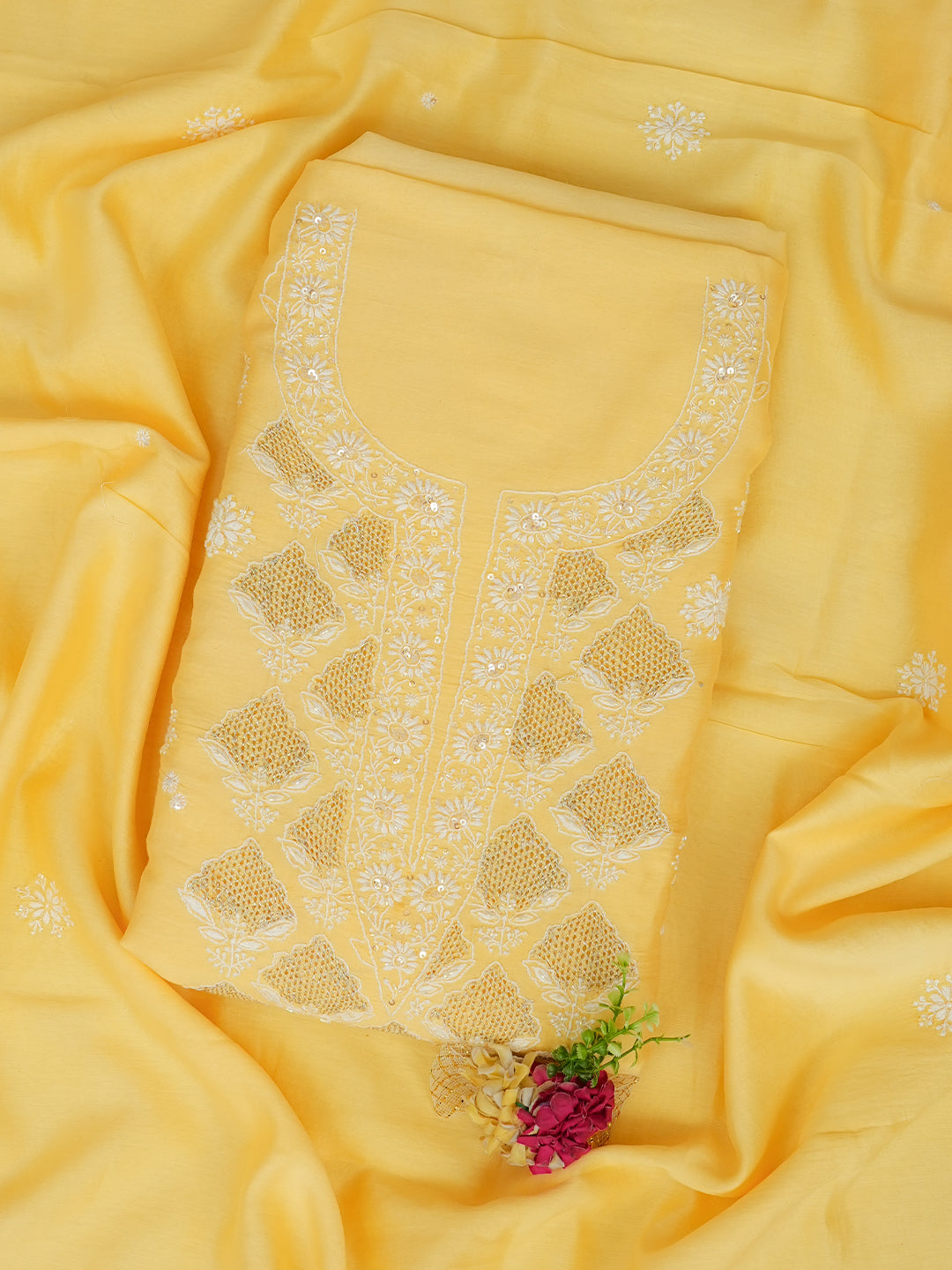 Ada Hand Embroidered Light Yellow Chanderi Lucknowi Chikankari Unstitched Kurta Dupatta Set With Cutdana Work 01A948878